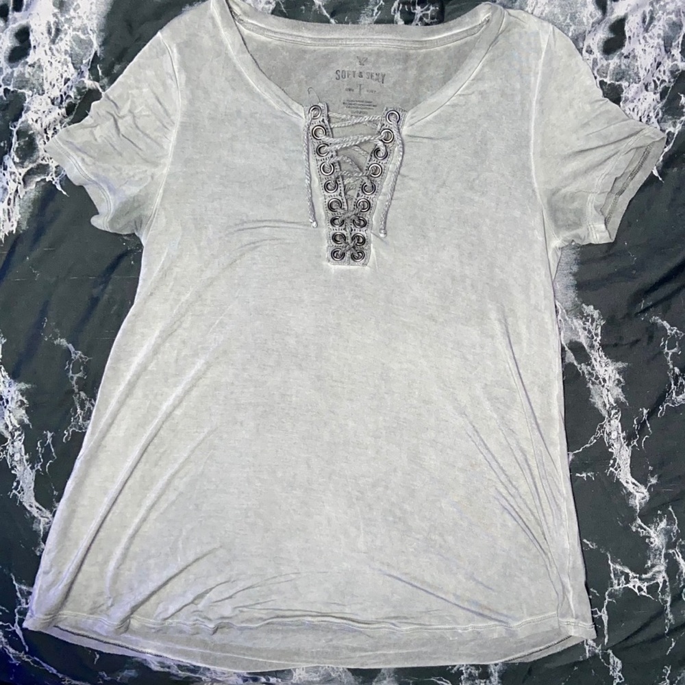American Eagle Worn Gray Soft & Sexy Tie Up Tee